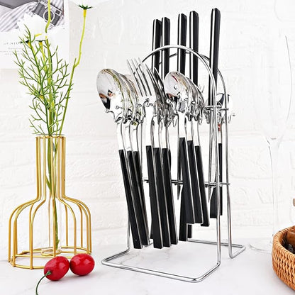 24Pcs Black Handle Flatware Silverware Set with Stand, Silver Stainless Steel Cutlery Set for 6, Square Handle Eating Utensils, Mirror Polished