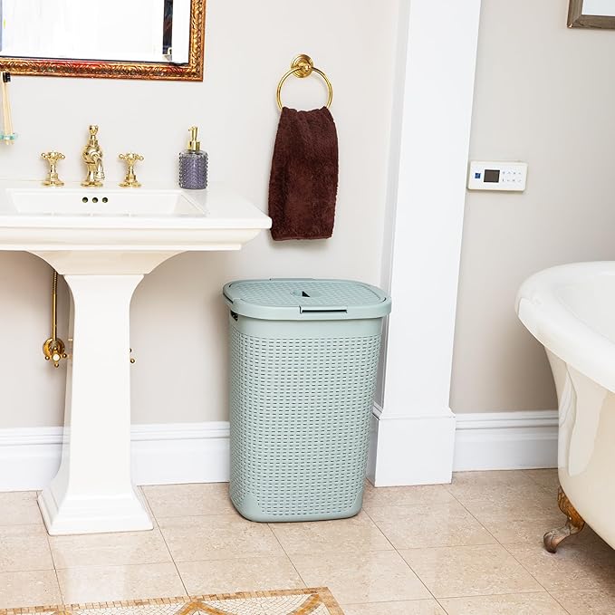 Mind Reader Slim Laundry Hamper with Lid, 60L Tall Clothes Basket, Narrow Tapered Design for Bathrooms, Closets and Laundry Rooms, Plastic, Mint