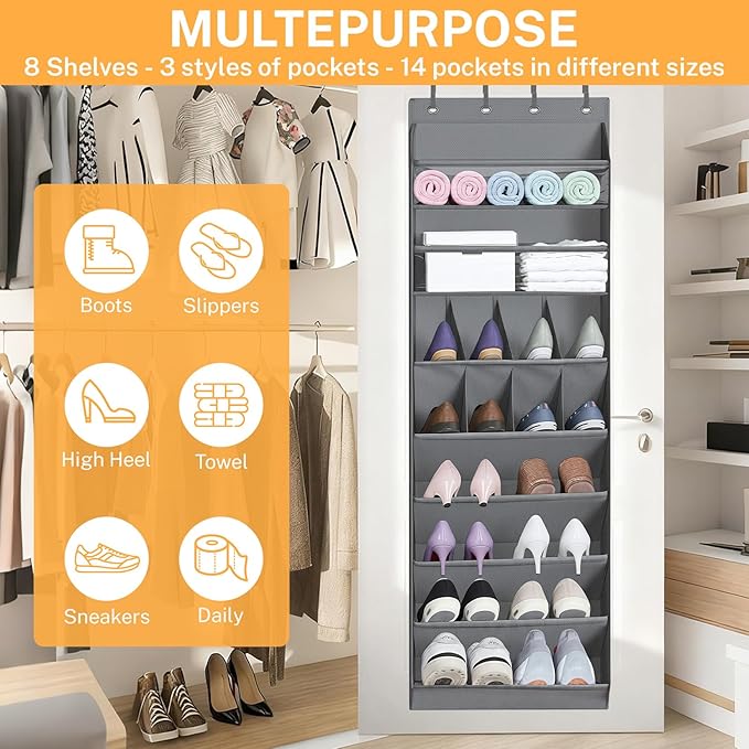 Over The Door Shoe Organizer - 8-Shelves Hanging Shoe Rack with Exlarge Deep Pockets | Behind Door Space Saving for Apartments, Dorms, RV Closets | Anti-Slip Oxford Fabric (14-Pocket, Gray)