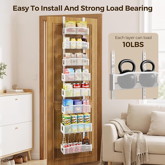 Delamu 8 Tier Over the Door Pantry Organizer, 2in1 Hanging or Wall Mount Spice Rack Seasoning, Adjustable Heavy-Duty Narrow Pantry Door Organizer and Storage for Kitchen Cabinet and Bathroom,12" White