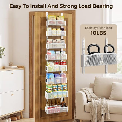 Delamu 8 Tier Over the Door Pantry Organizer, 2in1 Hanging or Wall Mount Spice Rack Seasoning, Adjustable Heavy-Duty Narrow Pantry Door Organizer and Storage for Kitchen Cabinet and Bathroom,12" White