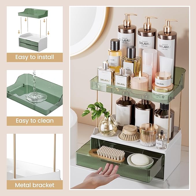Delamu Bathroom Organizers and Storage, 2 Tier 2 Drawer Makeup Organizer Countertop, Easy to Install, Ideal for Bathroom Counter, Vanity, Ideal for Women Girls, Green