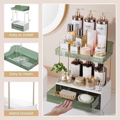 Delamu Bathroom Organizers and Storage, 2 Tier 2 Drawer Makeup Organizer Countertop, Easy to Install, Ideal for Bathroom Counter, Vanity, Ideal for Women Girls, Green