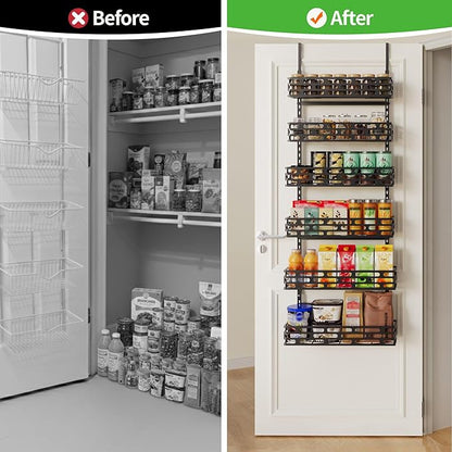 6-Tier Over the Door Pantry Organizer, 60.4"H Adjustable Metal Hanging Storage Rack, 198LBS Heavy Duty Door Mount Organizer for Pantry Laundry Room Bathroom, Black