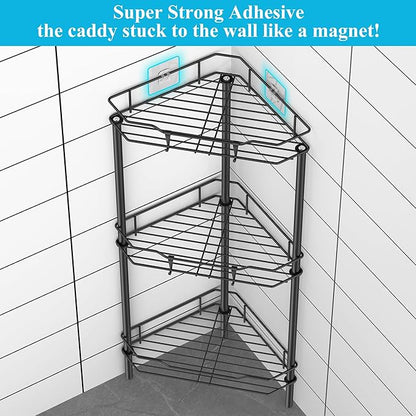 HuggieGems 3 Tier Floor Standing Corner Shower Caddy Organizer Shelf with Hooks, Bathroom Shelves Stand Rack, Matt Black