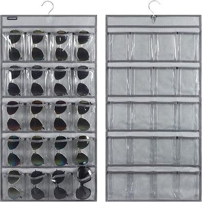Dual Sided Hanging Sunglasses Organizer Storage Wall Mounted Eyeglasses Holder Eyewear Display Case with 40 Clear Slots (40 Pockets-Grey)