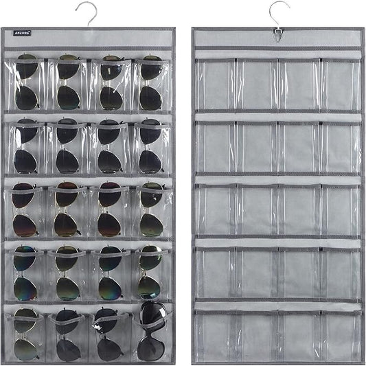 Dual Sided Hanging Sunglasses Organizer Storage Wall Mounted Eyeglasses Holder Eyewear Display Case with 40 Clear Slots (40 Pockets-Grey)