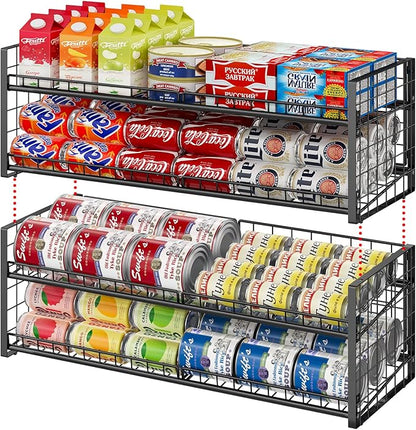 3 Tier Stackable Can Rack Organizer for Pantry Shelf, Adjustable Extra-Long Can Holder for Kitchen Storage, Sturdy Standing Rolling Can Dispenser for Canned Food Goods Drink Soup up to 96, Black