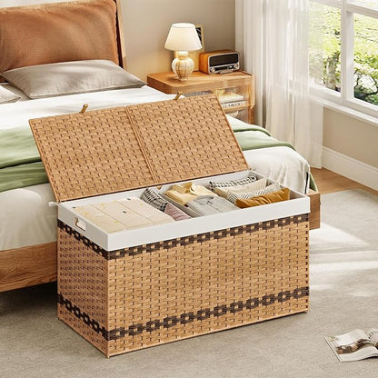 HOOBRO Storage Basket with Lid, 52.8 Gallon (200L) Wicker Storage Basket with 2 Separate Lid, Blanket Storage Bin with 2 Removable Liner Bags, for Bedroom, Laundry, Natural and Brown NL277CW01