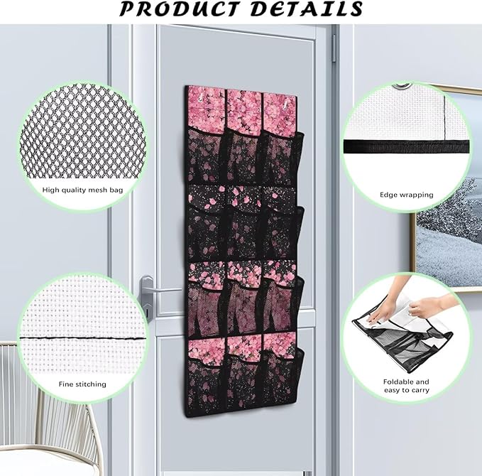 Cherry Blossom Behind Door Organizer 12 Pockets Over The Door Closet Organizer for BedRoom Space Saving Multi-Funtion Storage Bag for School Easy to Install Shoe Holder Hanger