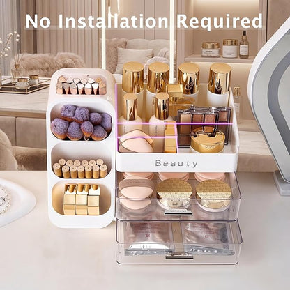 Makeup Organizer for Vanity with Brush Holder, Countertop Makeup organizer with Drawers for Skincare, Cosmetics, Perfumes, Eyeshadow Palettes, Spacious Cosmetic storage organizer
