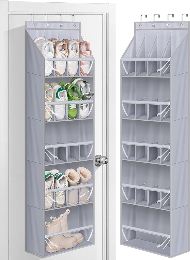 MISSLO 20 Pairs Over the Door Shoe Organizer for Closet Narrow Hanging Shoe Rack for Door Hanger Deep Pocket Door Shoe Holder Storage for Boots, Size 13 Sneakers, Grey