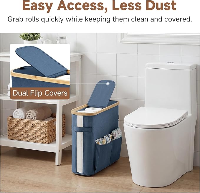 StorageWorks Toilet Paper Storage Baskets with Dual Flip Lids, Toilet Paper Organizer for Bathroom, Toilet Paper Container with Side Pocket, Holds 9 Mega or 12 Regular Rolls, Medium, Blue