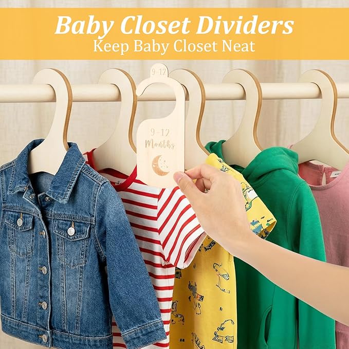 7 PCS Wooden Baby Hangers Set Wood Newborn Hanger with 7 PCS Baby Closet Dividers 9 Inch Non-Slip Coat Hangers Cute Toddler Kids Clothes Hanger for Kids Clothes Coats Suits Pants Jackets