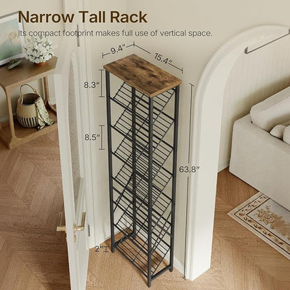 YATINEY 8-Tier Tall Shoes Rack, Slim Shoe Organizer for Entryway, Large-Capacity Thin Shoe Rack for Closet, Narrow Shoe Storage Shelf with Wooden Panel, Space Saving, Black and Rustic Brown SS18BR