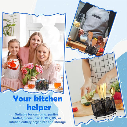 360° Rotating Silverware Utensil Caddy Holder with 4 Compartments Black Metal Mesh Silverware Caddy for Spoon Fork Holder Party Kitchen Countertop Buffet Picnic Camping Outdoor Barbecue