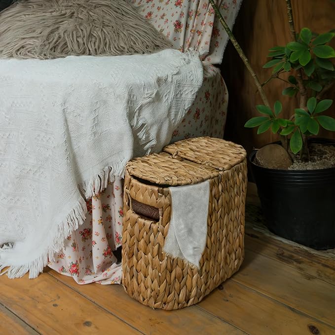 KOKODO Water Hyacinth Toilet Paper Storage Basket with Buit-in Handles, Free Standing with lid Storage Basket for Toilet Paper or Magazines, Toiletries, Cleaning Supplies Holder