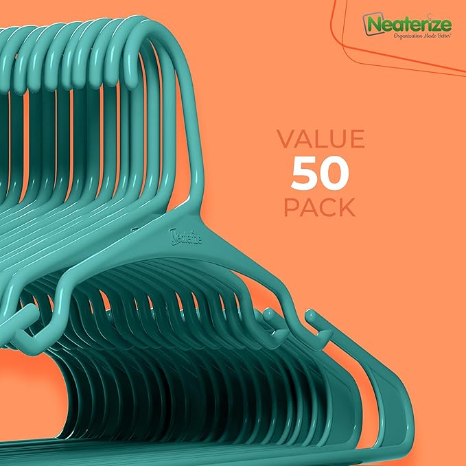 NEATERIZE Clothes Hangers Plastic 50 Pack for Adults - Plastic Hangers, The Perfect Coat Hanger and Space Saving Clothes Hangers for Closet, Percheros Ganchos para Colgar Ropa Hangars - Hangers