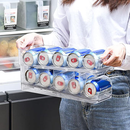 Refrigerator Organizer Bins, Automatic Rolling Transparent Beverage Can Storage, Refrigerator Storage Box, Double Layer Clear Plastic Container, Refrigerator Beverage Can Storage Organizer