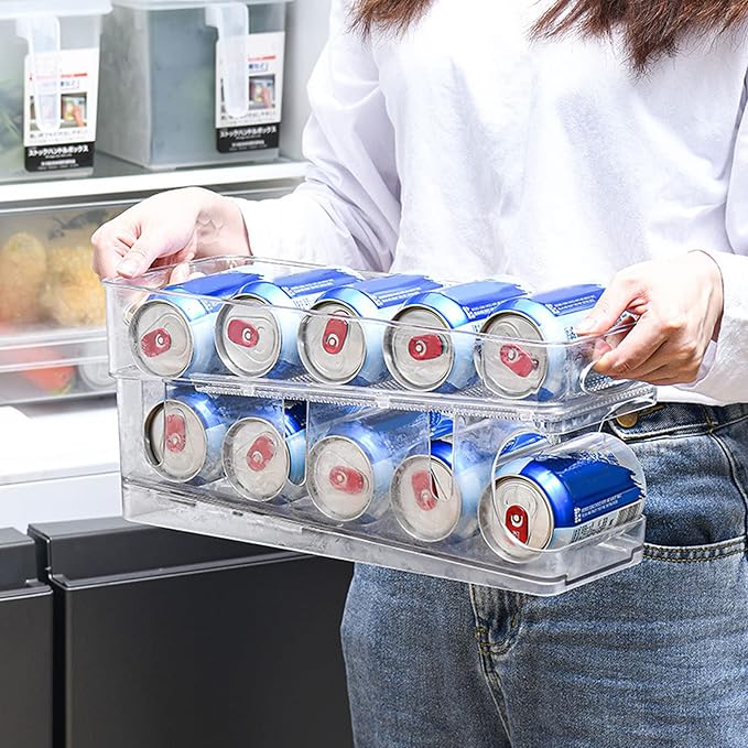 Soda Can Organizer for Refrigerator, Double Layer Rolling Beverage Soda Can Storage Organizer Stackable Canned Food Pop Cans Container Can Holder Dispenser, 12 Cans