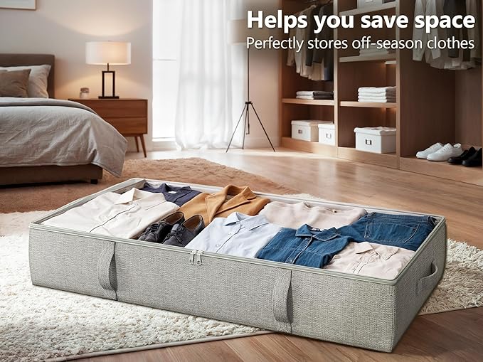 TidyCorner 2-Pack Under Bed Storage Containers, 8 Inches Tall Underbed Clothes Storage Organizer Bin with Sturdy Sidewalls/Bottom, Under the Bed Storage Bags 2 Storage Bins, Light Grey