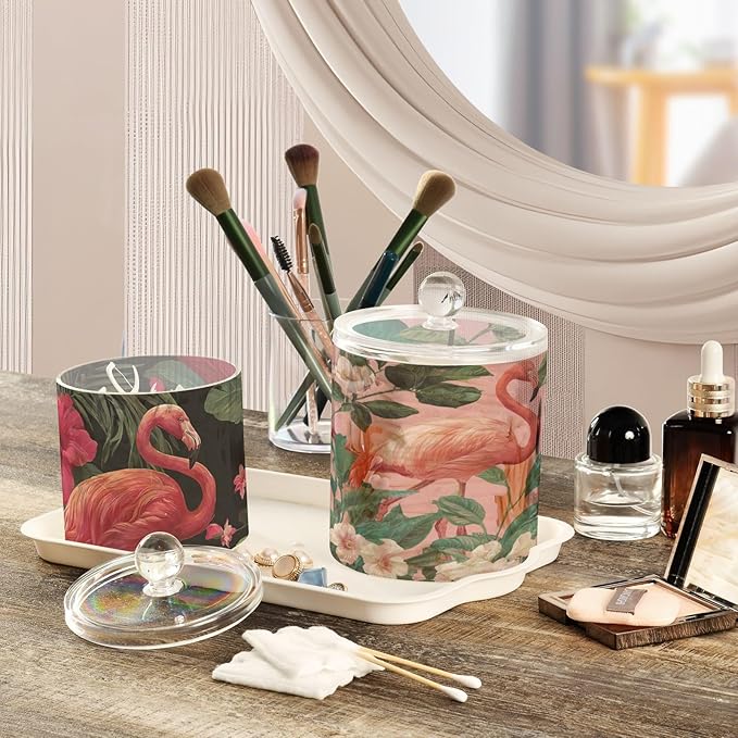 2 Pack Qtip Dispenser Apothecary Jars with Lids Cotton Round Holder Bathroom Canisters for Cotton Swab Floss Ball Pads Clear Plastic Decorative Pink Black Tropical Flamingo and Plants