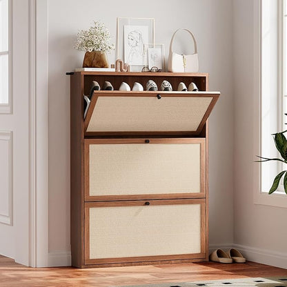 AVZEAR Narrow Shoe Storage Cabinet for Entryway with Natural Linen Panel, Freestanding Slim Shoe Cabinet with 3 Flip Drawers, Wood Shoe Organizer Closed Shoe Rack for Hallway, Living Room(Walnut)