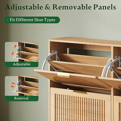 Xixini Shoe Storage Cabinet with 6 Flip Drawers, 50" Tall Narrow Wood Fluted Shoe Organizer for Entryway, Freestanding Wooden Hidden Slim Shoe Rack for Front Door Entrance, Hallway, Foyer, Natural Oak