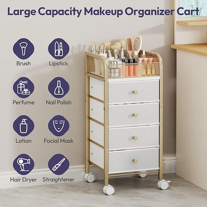 SWTYMIKI Rolling Makeup Organizer Cart - Under Desk Vanity Makeup Storage with 4 Non-woven Drawers, Nail Cart Organizer Cosmetic Display Cases Cabinet for Skin Care Perfume Nail Polish Brush Hair Tool