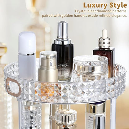 360 Rotating Makeup Organizer for Vanity, 3 Tier Diamond Pattern Perfume Organizer, 10.7" Large Capacity Lotion Skincare Organizer, Perfume Stand, Bathroom Countertop Organizer, Clear