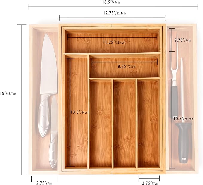 BergHOFF Bamboo 8-Slot Expandable Flatware Organizer, Expand between 12.75" to 18.5