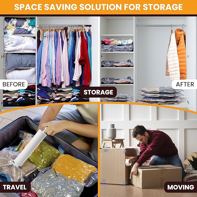 Vacuum Storage Bags,8 pack with Hand Pump .(2 Jumbo,2 Large,2 Medium,2 Small) Space Saving solution for Storage,Travel,Moving purposes.