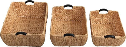 happimess BSK2020A-3SET Astor Bohemian Farmhouse Handwoven Water Hyacinth Nesting Storage Baskets with Wood Handles, Seagrass Containers for Decoration in Living Room, Bedroom, Natural (Set of 3)