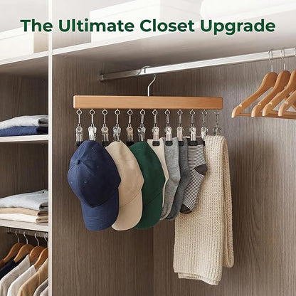 Closet Organizer with 12 Clips, 2 Pack Closet Space Savers for Hanging Clothes, Wooden Pants and Leggings Hangers with 360° Rotating Hook, Space-Saving Hat Scarf Clothespins, Walnut Wood Color