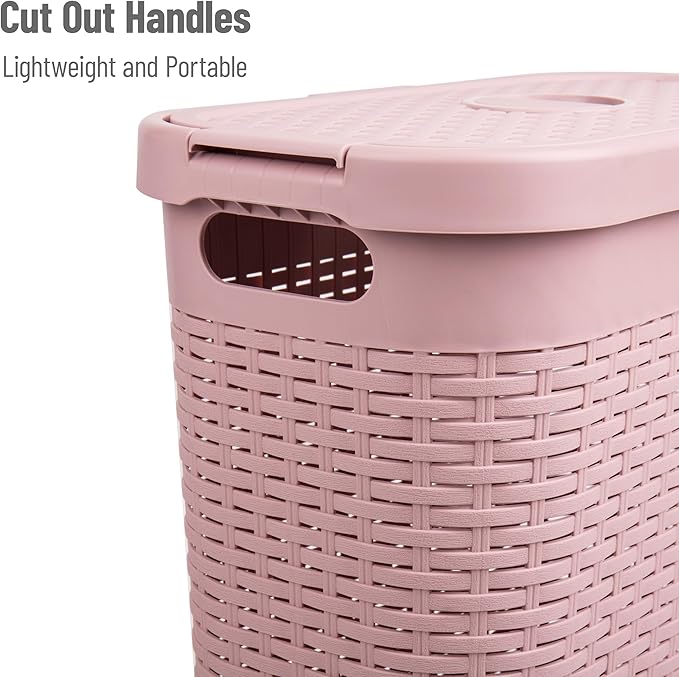 Mind Reader Slim Laundry Hamper with Lid, 40L Clothes Basket, Narrow Tapered Design with Ventilated Cutout Pattern, Plastic, Pink