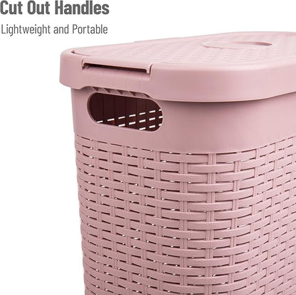 Mind Reader Slim Laundry Hamper with Lid, 40L Clothes Basket, Narrow Tapered Design with Ventilated Cutout Pattern, Plastic, Pink