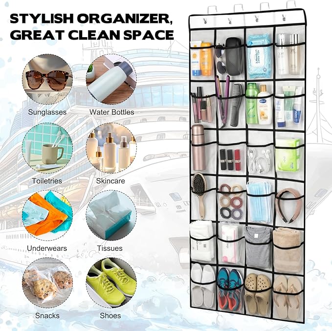 2Pcs Cruise Magnetic Door Organizer with Hooks, Magnetic Door Organizers with 24-Pocket for Cruise Ship, Strong Anti-Scratch Magnets, 2025 Cruise Essential, 8 Hooks, Behind-Door Storage