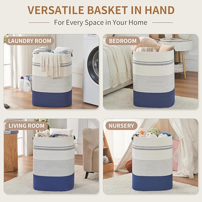 AINUOQI Large Laundry Basket - Tall Woven Rope Laundry Hamper with Leather Handles - Dirty Clothes hamper for Living room, Bedroom, 17" X 13.8" X 22", Dark Blue & White