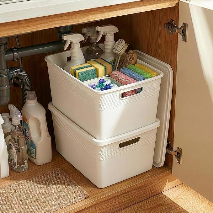 BINO | Plastic Storage Bins with Lids, 22 Liter - 3 Pack, White | THE BRAIDED COLLECTION | Plastic Bins for Organization Woven Storage Baskets for Organizing Pantry Shelf Organizer Basket Bin