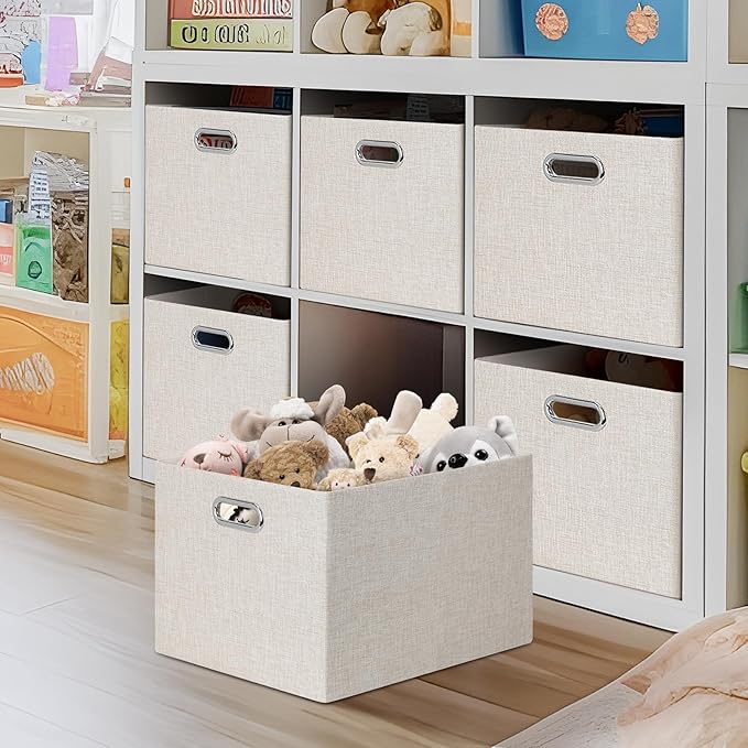 Posprica Closet Storage Bins, 4 Pack Large Closet Shelf Organizers, Linen Fabric Decorative Storage Baskets for Organizing, Foldable Storage Box for Clothes, Toy, 16.5x12x10.25 Inch (Beige)