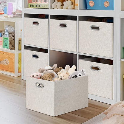 Posprica Closet Storage Bins, 4 Pack Large Closet Shelf Organizers, Linen Fabric Decorative Storage Baskets for Organizing, Foldable Storage Box for Clothes, Toy, 16.5x12x10.25 Inch (Beige)