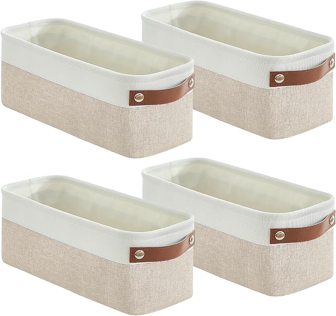 Bagnizer Small Fabric Storage Baskets, 15x6x5 inch Narrow Storage Bins 4-Pack Long Storage Basket for Organizing with Handles, Decorative Basket for Closets, Shelves, Toilet Paper, Beige