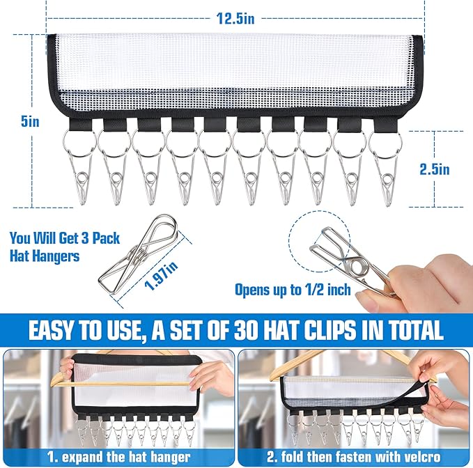 Hat Organizer, 3 Pack Hat Racks for Baseball Caps, 10 Clips Hat Hangers for Closet Travel to Hang Baseball Hat, Socks, Ties, Accessories Display Storage, Fits Hangers, White Plastic Foldable