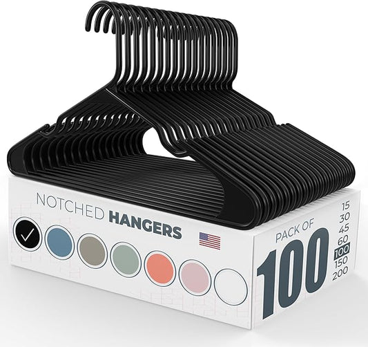 Plastic Hangers 100 Pack – Made in The USA – 6lb Capacity Standard Clothes Hangers with Notches and Reinforced Edges for Dresses, Lingerie, Shirts, Pants, and Jackets – Black