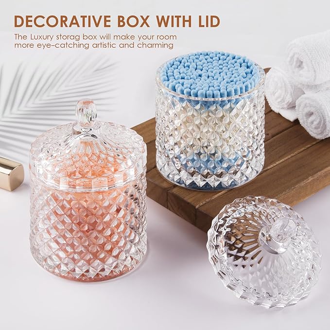 ALAMHI Q tip and Cotton Ball Holder Glass Apothecary Jar with lid, Small Bathroom Vanity Organizer and Storage Qtip Jar for Aesthetic Room Decor