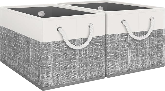 Fab totes Storage Bins 2-Pack, Foldable Storage Baskets for Organizing Toys, Books, Shelves, Closet, Large Storage Box with Rope Handles, Sturdy Organizer Bins, White & Grey