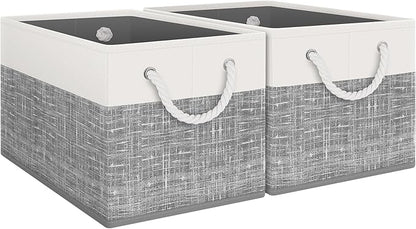 Fab totes Storage Bins 2-Pack, Foldable Storage Baskets for Organizing Toys, Books, Shelves, Closet, Large Storage Box with Rope Handles, Sturdy Organizer Bins, White & Grey