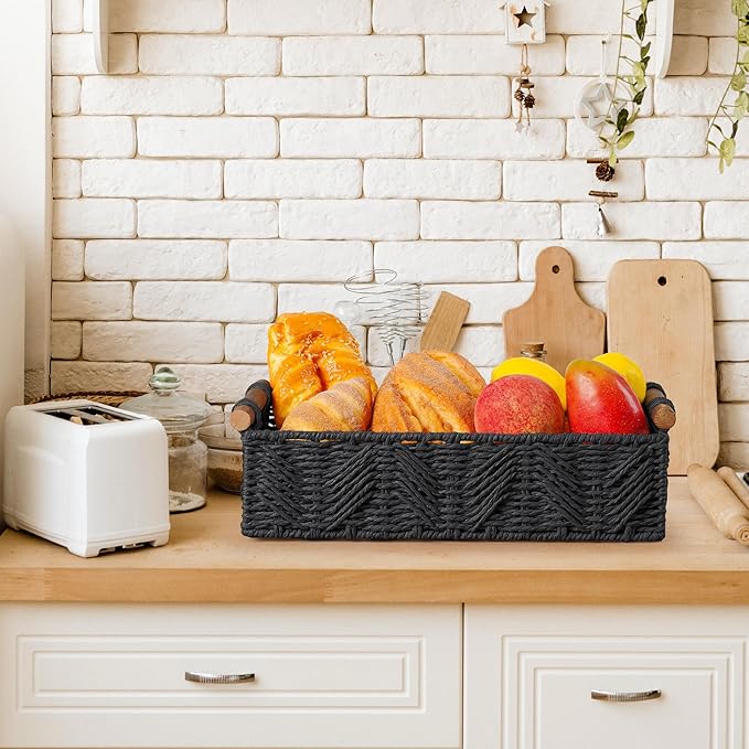 Bathroom Baskets for Organizing with Handle Decorative Basket for Bathroom Countertop Storage Toilet Paper Storage Basket for Toilet Tank Top Small Baskets Set,Black