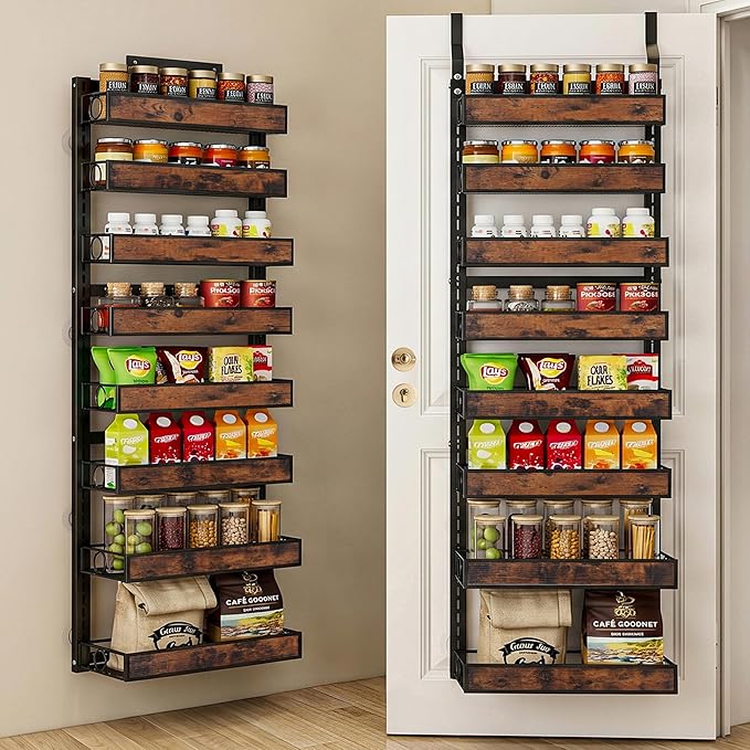 8 Tier Over The Door Pantry Orangizer 2 IN 1 Wall Mounted or Hanging Spice Rack with Adjustable Wood Basket,Heavy Duty Seasoning Storage Shelf for Kitchen Pantry and Bathroom