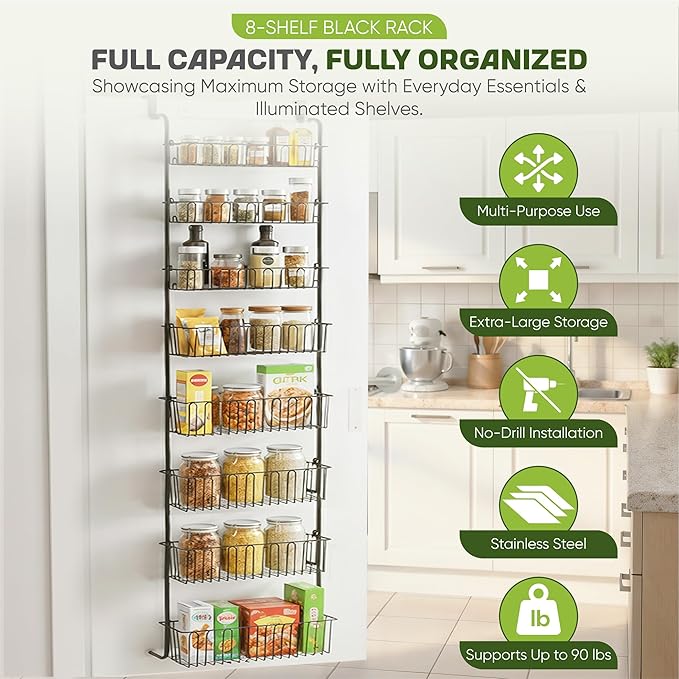 Over Door Organizer Storage - 8 Tier White Metal Over the Door Pantry Organizer Heavy Duty Hanging Storage Rack, Behind Cabinet Shelves for Home, Kitchen, Bathroom, Closet, Pantry